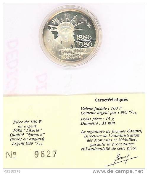 FRANCIA - MONETA ARGENTO 100 F. FRANCESI  PROOF - "STATUA DELLA LIBERTA' " - Commemorative