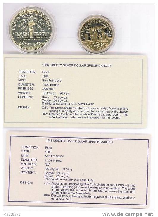 STATI UNITI D'AMERICA - SERIE 2 MONETE  LIBERTY "86  1$ ARG.PROOF E 1/2$ CU/NI - - Collections