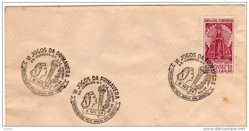 Brésil: 1954  Belle Lettre Cachet VI èmes Jeux Du Printemps Timbre Y&T 1954 Année Mariale  Marie Protectrice Du Brésil - Briefe U. Dokumente