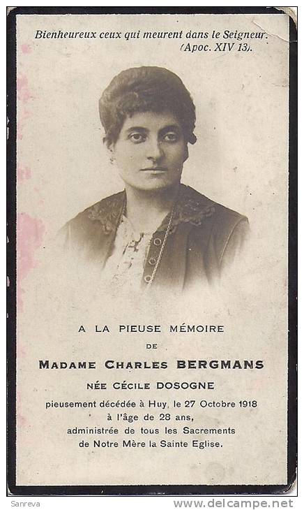 Huy  - Souv. Mort. Cécile Dosogne  ép. Charles Bergmans  Dcd  En 1918 à L'âge De 28 Ans - Images Religieuses