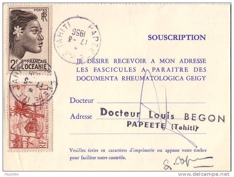 TAHITI-PAPEETE DU 17-3-1956 - SUR FORMULE CARTE REPONSE LABORATOIRES GEIGY. - Other & Unclassified