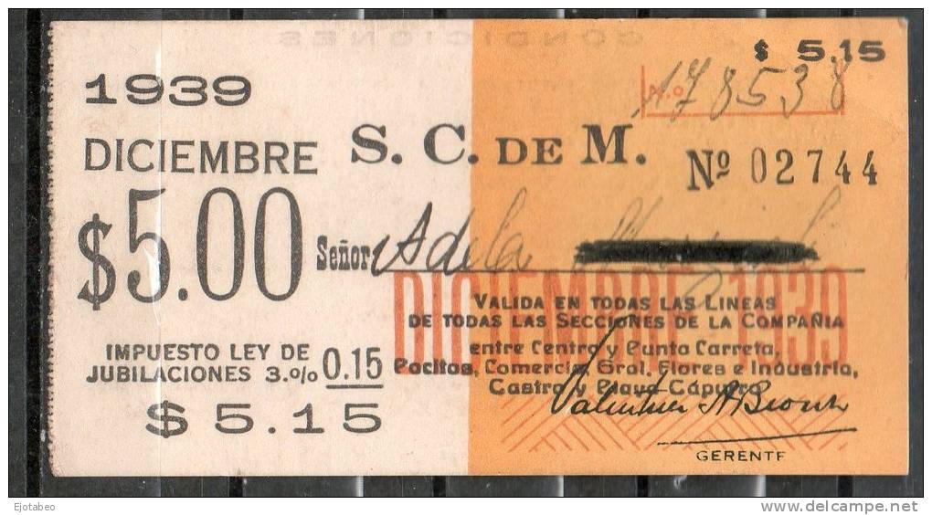 1  URUGUAY  1939-Ticket Mensual-Sociedad Comercial De Montevideo-TRANVIAS REBAJADA !!! - Monde