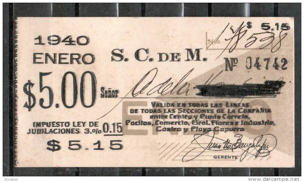 3   URUGUAY  1940-Ticket Mensual-Sociedad Comercial De Montevideo-TRANVIAS  REBAJADA  !!! - Wereld