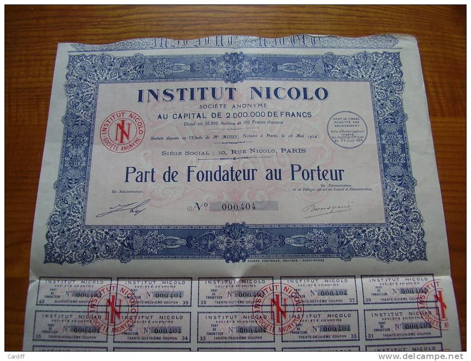 Très Rare : Part De Fondateur Institut NICOLO 10 Rue Nicolo à Paris : Institut De Santé Ou Célèbre Maison Close ? - Parfum & Kosmetik