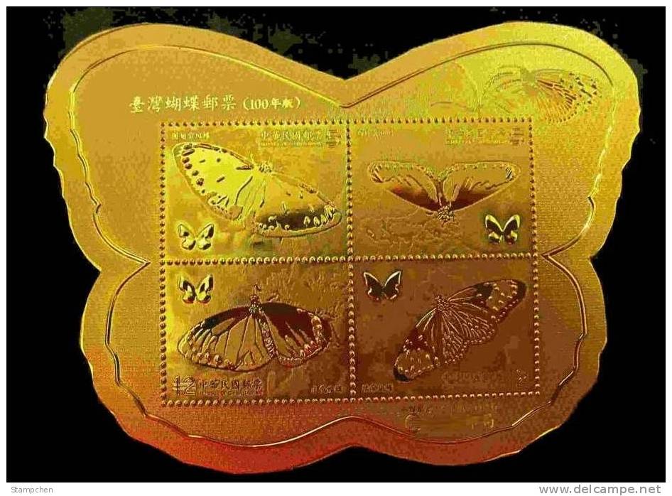 Gold Foil Taiwan 2011 Butterflies Stamps S/s Butterfly Insect Fauna Flower Unusual (Yun Lin) - Ungebraucht