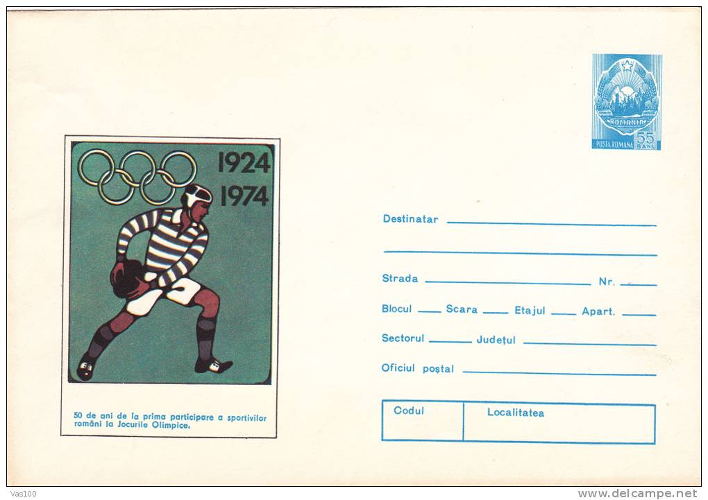 RUGBY, 1974, COVER STATIONERY, ENTIER POSTAL, UNUSED, ROMANIA - Rugby