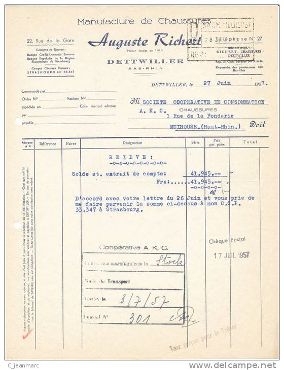 FACTURE / COURRIER 1957 MANUFACTURE CHAUSSURES  CHAUSSURE AUGUSTE RICHERT DETTWILLER - Droguerie & Parfumerie