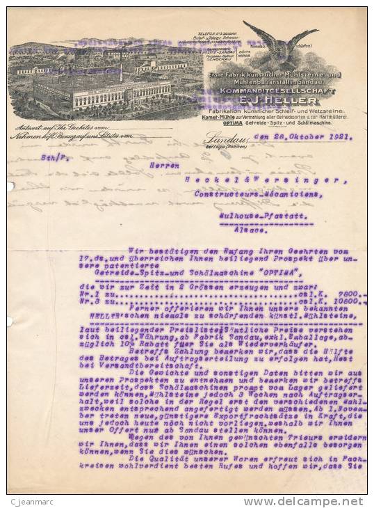 FACTURE / COURRIER 1921 SANDAU FABRIK KUNSTLICHER MUHLSTEINE SCHLEIF WETZSTEINE - Sonstige & Ohne Zuordnung