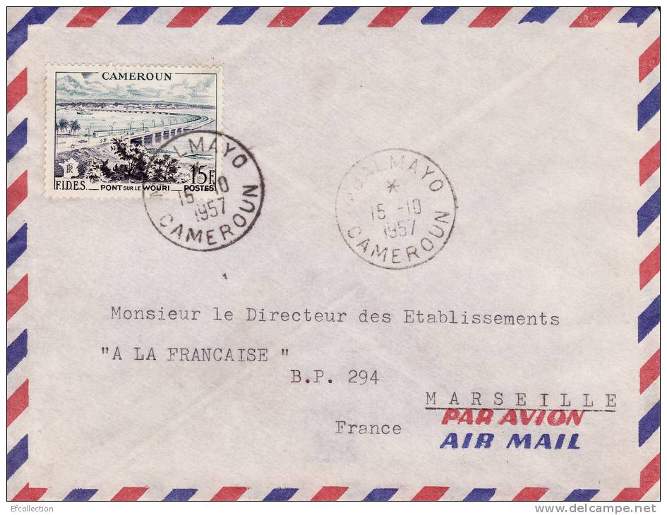 MBALMAYO CAMEROUN 1957 AFRIQUE COLONIE FRANÇAISE PAR AVION VIA FRANCE TIMBRE PONT SUR LE WOURI BELLE LETTRE MARCOPHILIE - Lettres & Documents