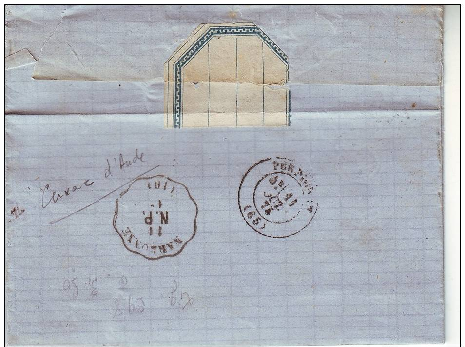 Lettre De La Gare De Narbonne De 1875 Avec Cachet Convoyeur Et BM. TB - 1849-1876: Klassieke Periode