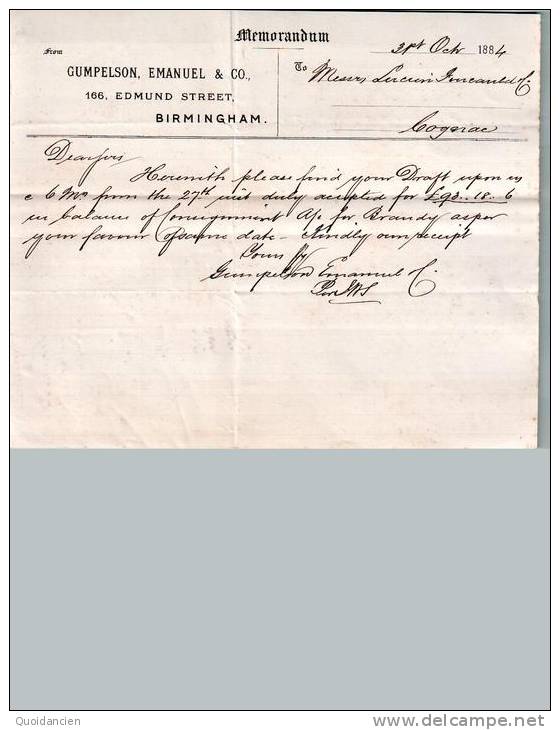 Memorandum  31/10/1884  -  BIRMINGHAM  -  GUMPELSON  EMANUEL  &  C° Pour  L.  FOUCAULD - Reino Unido