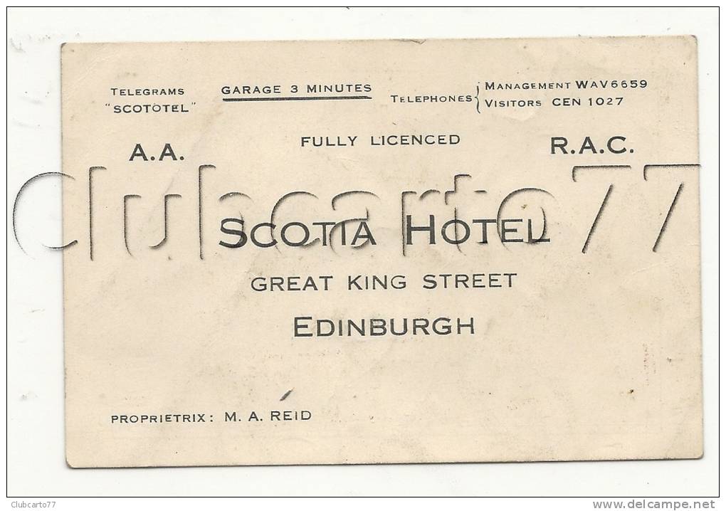 Édimbourg Ou Edinburgh (Royaume Uni, Ecosse) : Carte De Visite De L'Hôtel Scotia En 1950 DOC RARE. - Cartoncini Da Visita