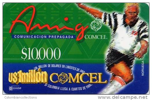 Lote TT39, Colombia, Tarjetas Telefonicas, Phone Cards, Comcel, Futbol, Mundial 98, Noruega, 10.000, Mint, Soccer - Kolumbien