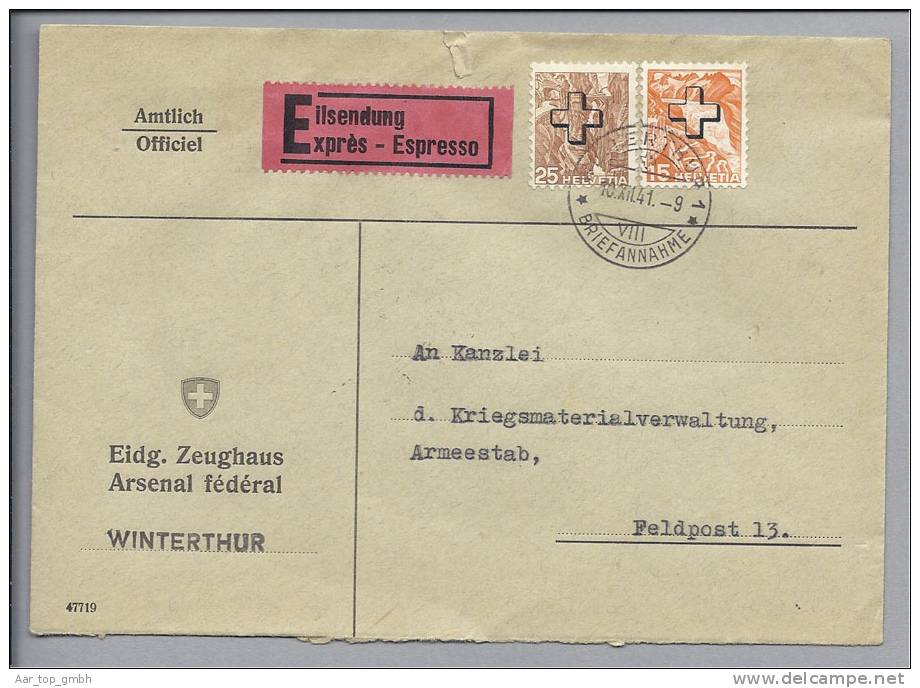 CH Dienstpost 1941-12-10 Winterthur Eidg. Zeughaus 25+15Rp Expressbrief - Dienstmarken