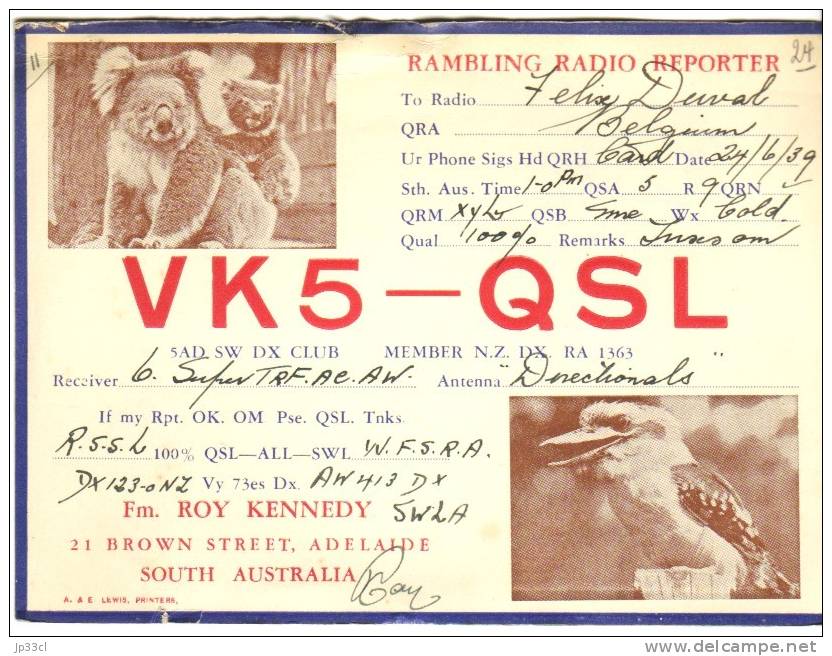 Koala And Kookaburra On A Very Old QSL From VK5-QSL, Roy Kennedy, Brown Str., Adelaide, South Australia (24/6/1939) - Radio Amateur