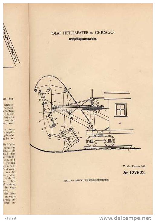 Original Patentschrift - Dampfbagger , Bagger , 1900 , O. Hetlesater In Chicago , Dampfmaschine !!! - Tools