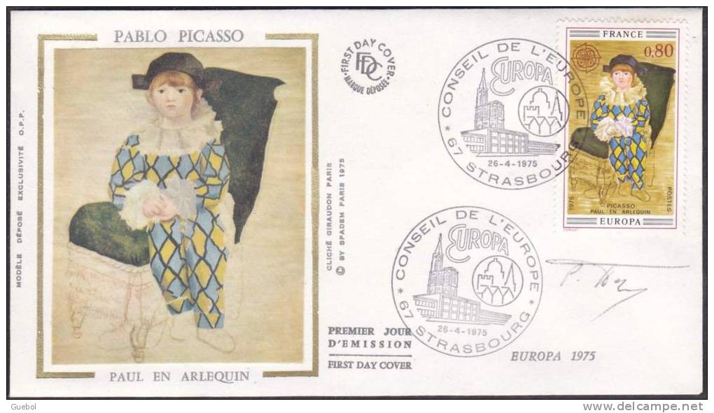 FDC / Premier Jour Sur Soie N° 1840 Europa - Pablo Picasso - Paul En Arlequin -  Signé Par P. Forget Graveur - 1970-1979