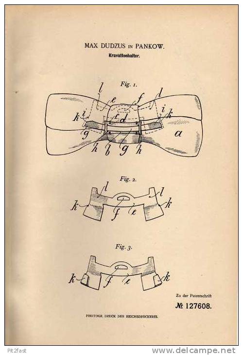 Original Patentschrift - Halter Für Krawatte , 1900 , M. Dudzus In Pankow !!! - Krawatten