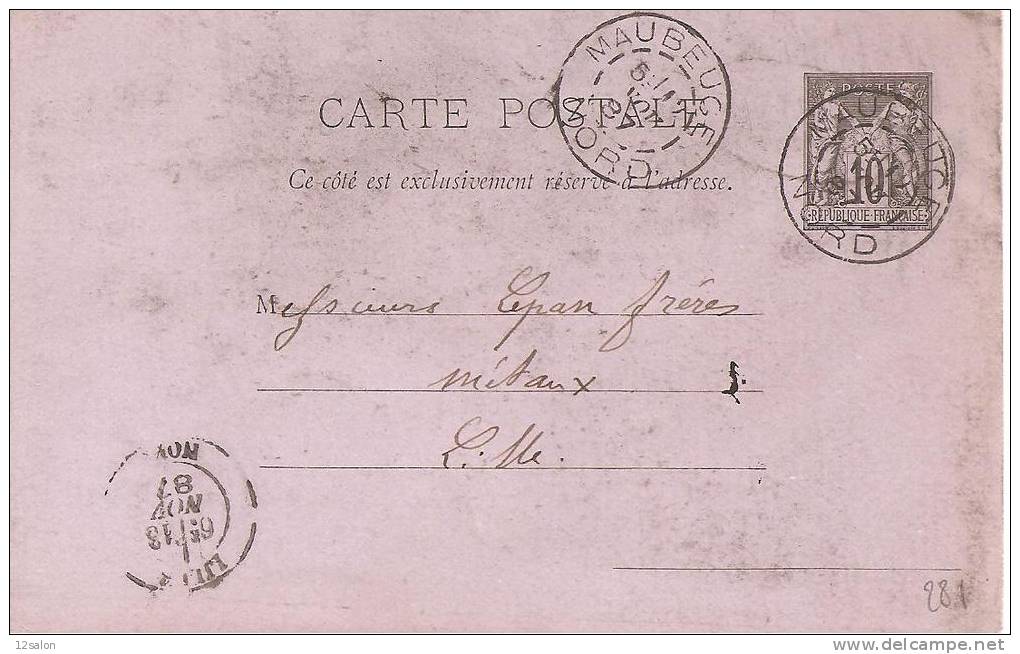 Entier Type Sage 10 Centimes Obl Maubeuge Nord - 1877-1920: Période Semi Moderne