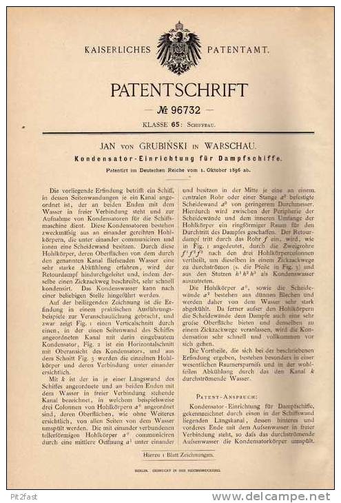 Original Patentschrift - J. Von Grubinski In Warschau , 1896 , Kondensator Für Dampfschiffe , Schiff , Dampfschiff !!! - Andere & Zonder Classificatie