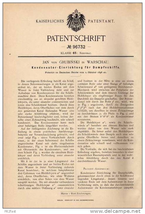 Original Patentschrift - J. Von Grubinski In Warschau , 1896 , Kondensator Für Dampfschiffe , Schiff , Dampfschiff !!! - Autres & Non Classés