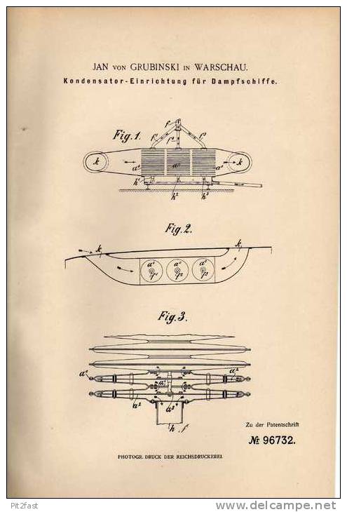 Original Patentschrift - J. Von Grubinski In Warschau , 1896 , Kondensator Für Dampfschiffe , Schiff , Dampfschiff !!! - Sonstige & Ohne Zuordnung