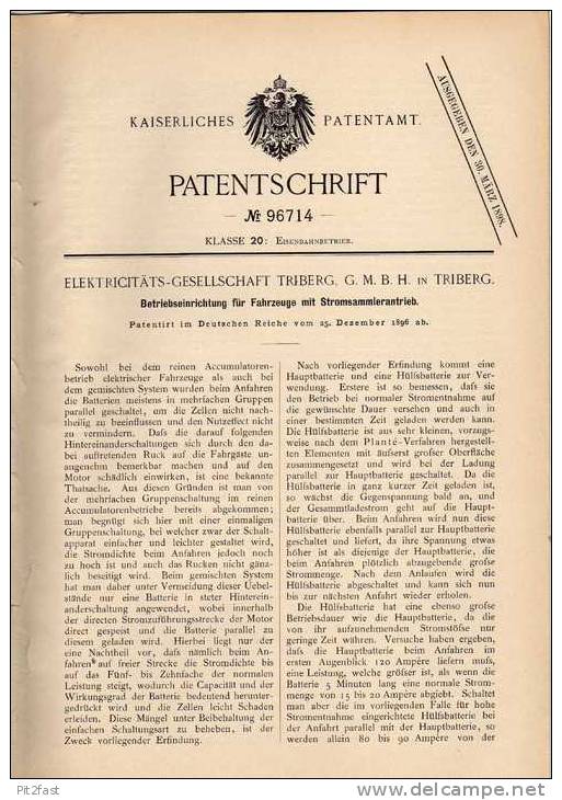 Original Patentschrift - Elektricitäts GmbH In Triberg , 1896 , Fahrzeuge Mit Stromsammlerantrieb !!! - Historische Dokumente