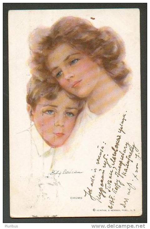 WOMAN WITH BOY , CHUMS  SIGNED  BOILEAU , OLD  POSTCARD USED 1914 - Boileau, Philip