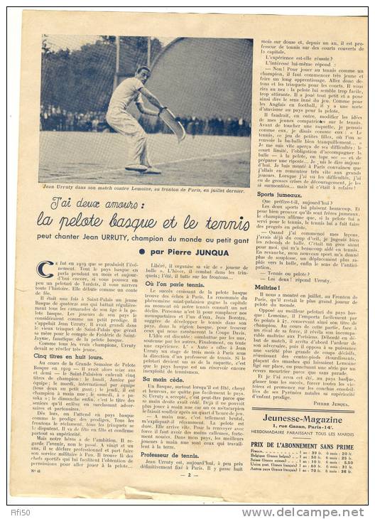 JEUNESSE MAGAZINE 9 OCTOBRE 1938 Jean Urruty Champion Pelote Basque Et De Tennis Pelotari Salon Auto  Modelisme Pellos - Le Petit Parisien