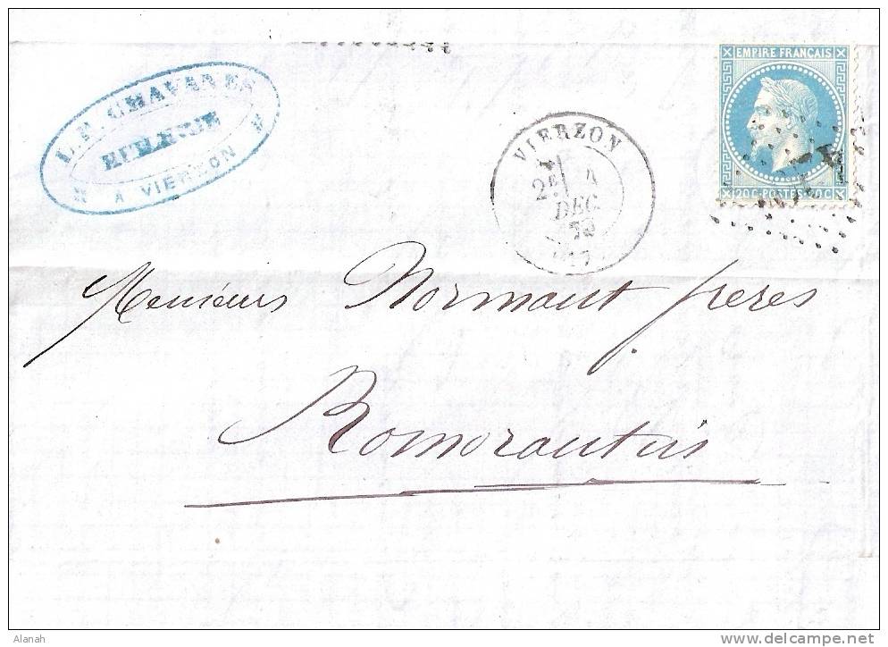 Pli Commercial 1870 L.F. CHAVANES Fabrique & Epuration D´Huiles Vierzon (18) - 1800 – 1899