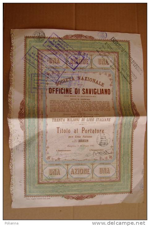 C0681 SOCIETA' NAZIONALE Delle OFFICINE Di SAVIGLIANO - TITOLO AL PORTATORE Per UNA AZIONE 1920 - Banco & Caja De Ahorros
