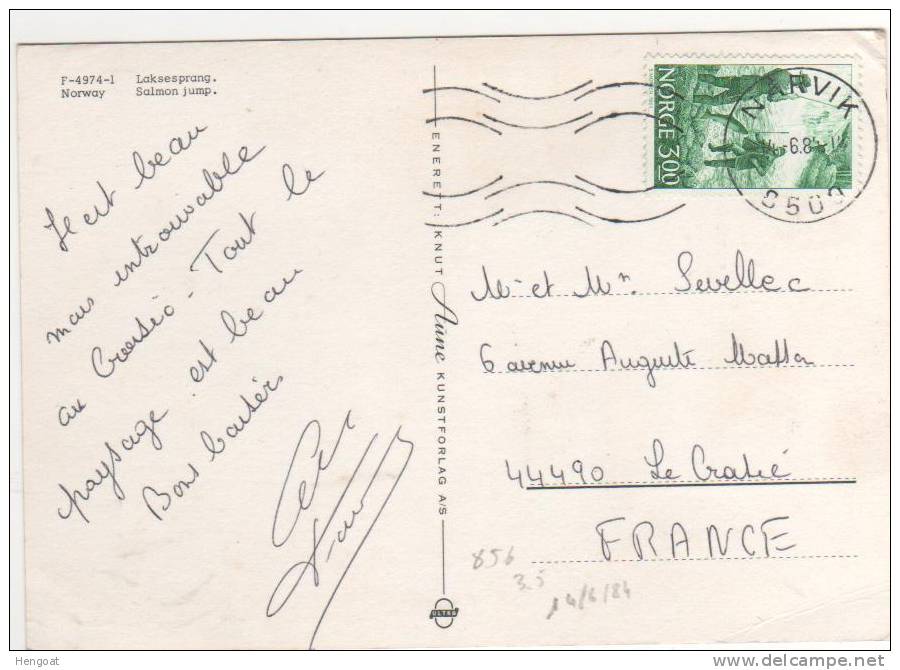 Timbre Yvert N° 856 " Pêcheurs "  / CP , Carte , Postcard Du  14/06/84 Pour La France - Lettres & Documents