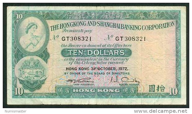 HONG KONG , 10 DOLLARS 31.10.1972. P-182g , VF - Hong Kong