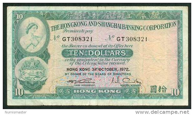 HONG KONG , 10 DOLLARS 31.10.1972. P-182g , VF - Hongkong