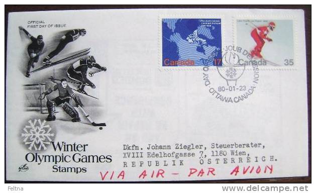 1980 CANADA FDC SENT BY AIRMAIL TO AUSTRIA LAKE PLACID OLYMPIC GAMES ICE HOCKEY - Invierno 1980: Lake Placid