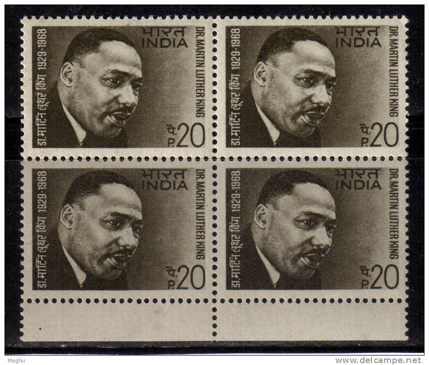 India MNH 1969,  Block Of 4,  Martin Luther King,, Human Rights Leader, Famous People Of United States, USA - Blokken & Velletjes