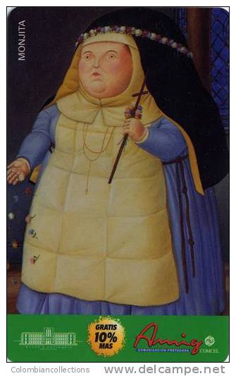 Lote TT83, Colombia, Tarjeta Telefonica, Phone Card, Comcel, Fernando Botero, Monjita, 10.000, Arte, Art, Used - Colombia