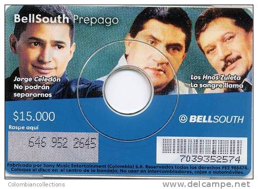 Lote TT126, Colombia, Tarjeta Telefonica, Phone Card, Bell South, CD, Jorge Celedon, Los Hermanos Zuleta, Very Rare - Colombie