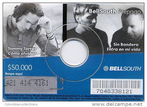 Lote TT129, Colombia, Tarjeta Telefonica, Phone Card, Bell South, CD, Tommy Torres, Sin Bandera, Very Rare - Colombia