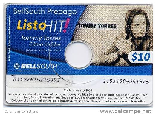 Lote TTE16, Ecuador, Tarjeta Telefonica, Phone Card, Bell South, CD, Tommy Torres, Very Rare - Equateur