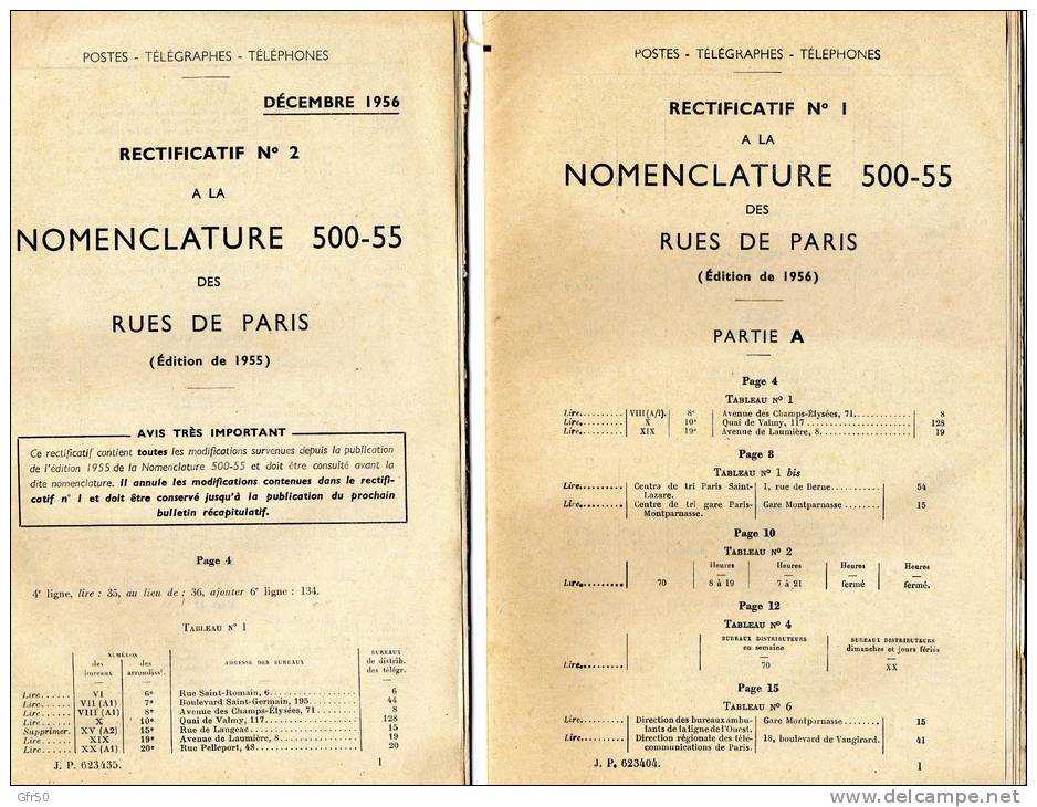 POSTES   TELEGRAPHES  TELEPHONES  - NOMENCLATURE  DES  RUES  DE  PARIS  + 3  Rectificatifs  - 1955 - Autres & Non Classés