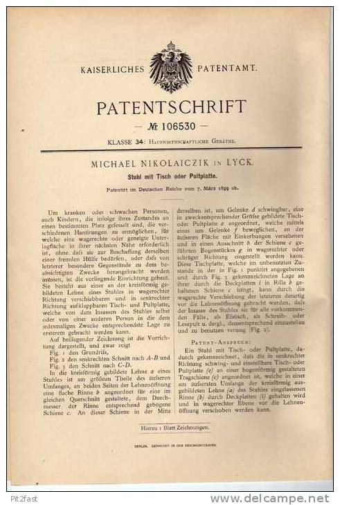Original Patentschrift - M. Nikolaiczik In Lyck , 1899 , Stuhl Mit Tisch Oder Pultplatte !!! - Other & Unclassified