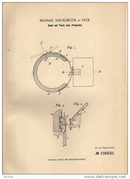 Original Patentschrift - M. Nikolaiczik In Lyck , 1899 , Stuhl Mit Tisch Oder Pultplatte !!! - Sonstige & Ohne Zuordnung