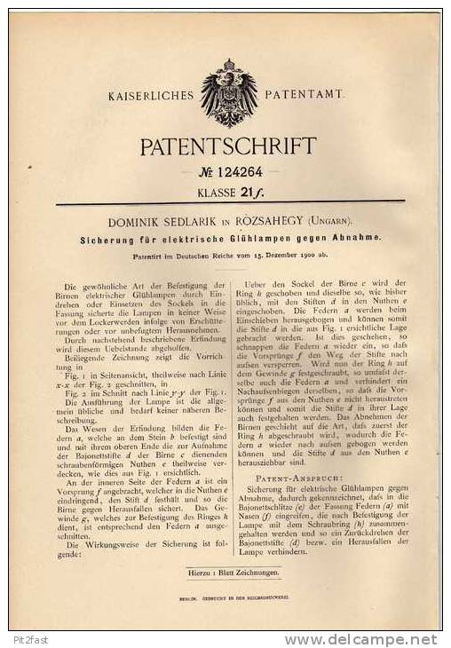 Original Patentschrift - D. Sedlarik In Rozsahegy , Ungarn , 1900 , Sicherung Für Glühlampe , Lampe !!! - Ungarn