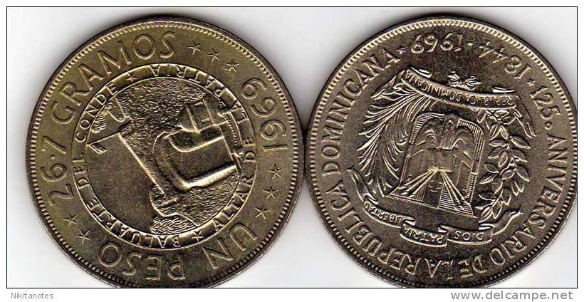 Dominican Republic 1 Peso 1969 125th Anniversary Of Republic Unc - Dominicaine