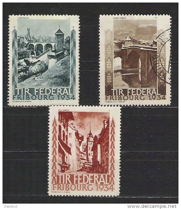 P291.-.SWITZERLAND / SUIZA  .-. FRIBOURG 1934  TIR  FEDRAL . LOT X 3 CINDERELLAS MINT AND USED. - Abarten