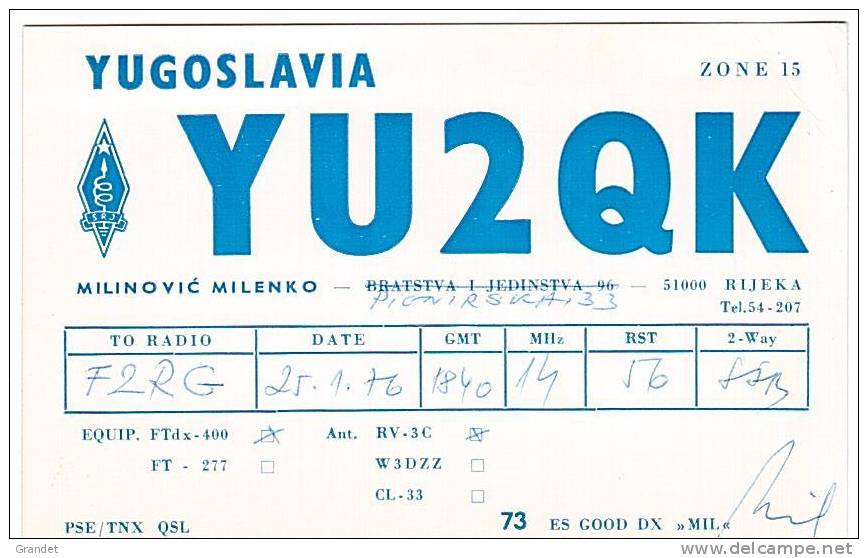 CARTE RADIO QSL - YOUGOSLAVIE - RIJEKA - 1976. - Radio Amateur