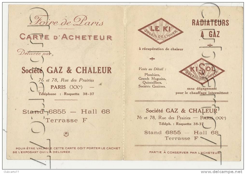 Paris 20ème (75) : Carte D'acheteur En 2volets De La Société De Gaz Et Chaleur  En 1929 (illustrée) DOC RARE. - District 20