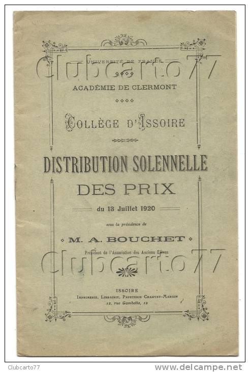 Issoire (63) : Livret De La Distribution Solennelle Des Prix Du Collège En 1920  DOC RARE. - Diploma & School Reports