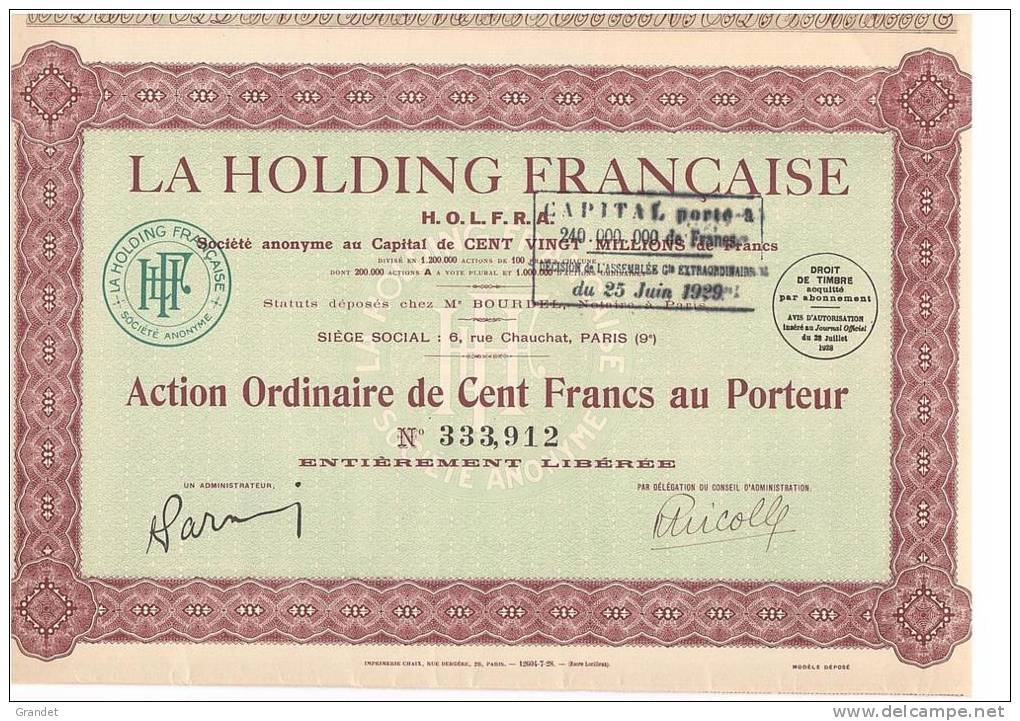 ACTION - LA HOLDING FRANCAISE - 1929. - Industrie